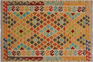 Flat Weave Kilim, Antique, Navaho, Vintage, Handmade, Geometric Kilim Beige Red Hand-Woven Rectangle 100% Wool Area Rug 3 x 5